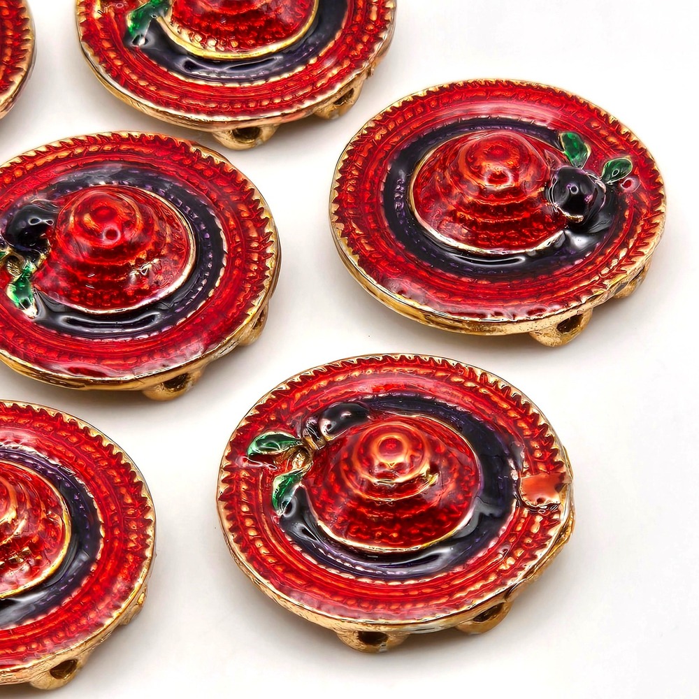 10pc Red Hat Society Enamel Gold Tone Vintage Sewing Buttons Charms 18mm 1990s
